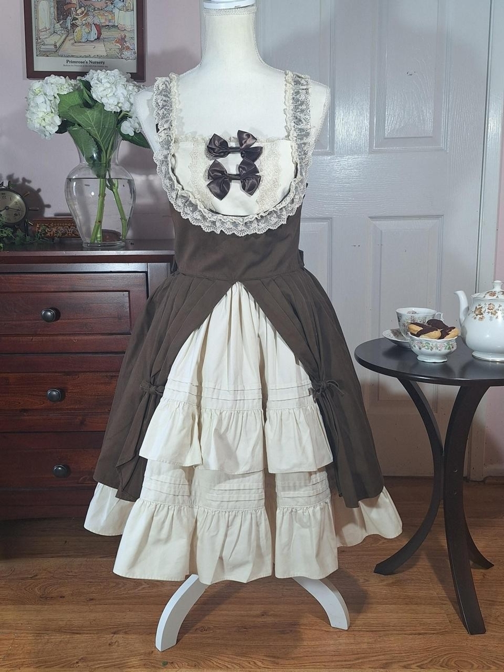 🤎 Innocent World Brown & Ivory Layered Pinafore OP – Corset Back Classic Lolita